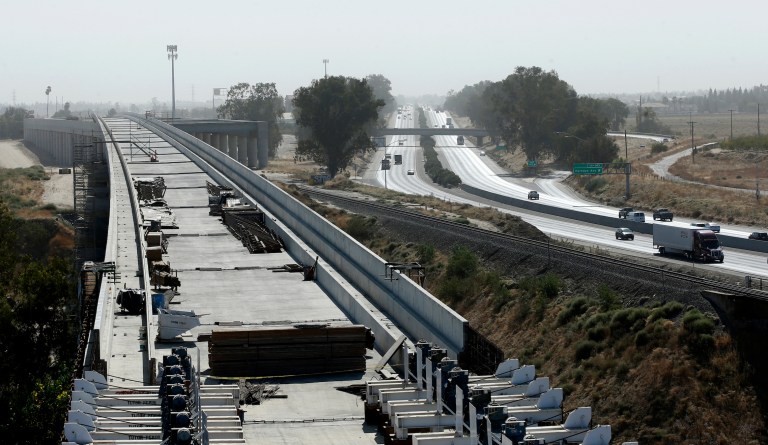 This Dec. 6, 2017, file photo shows one of the elevated sections of the high-speed rail under construction in Fresno, Calif.