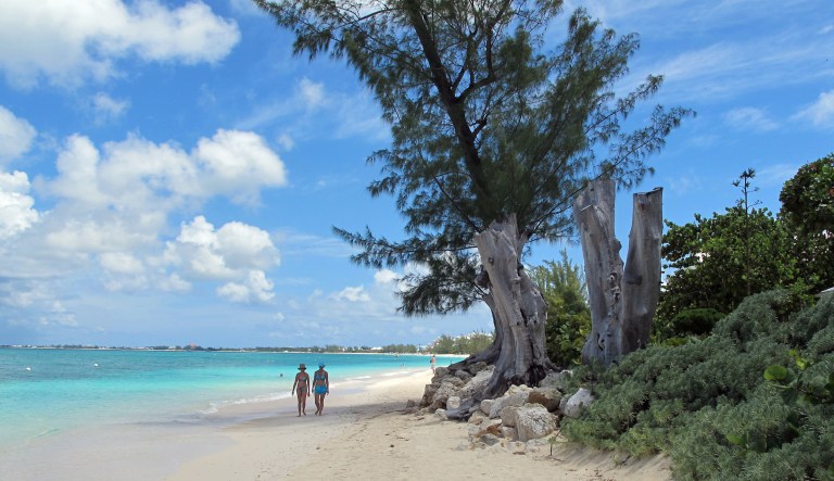 In this Aug. 3, 2012 file photo, tourists walk along the shore of Seven Mile Beach in Grand Cayman Island. The Caribbean boasts two new shark sanctuaries as the Cayman Islands and St. Maarten on Wednesday, June 15, 2016, declared their territorial waters covering some 49,190 square miles (119,631 square kilometres) closed to all commercial shark fishing.