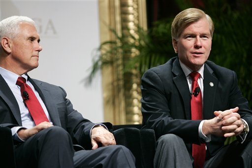 Indiana Governor-Elect Mike Pence, left, and Republican Governors Association Chairman Virginia Governor Bob McDonnell participate in a panel discussion during the 2012 RGA Annual Conference at Encore hotel-casino Thursday, Nov. 15, 2012, in Las Vegas. (AP Photo/Ronda Churchill)