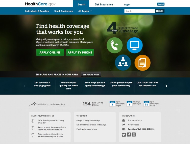 This screenshot made Monday, Oct. 28, 2013 shows the U.S. Department of Health and Human Services' main landing web page for HealthCare.gov. With website woes ongoing, the Obama administration Monday granted a six-week extension until March 31, 2014 for Americans to sign up for coverage next year and avoid new tax penalties under the president's health care overhaul law. (AP Photo/U.S. Department of Health and Human Services)
