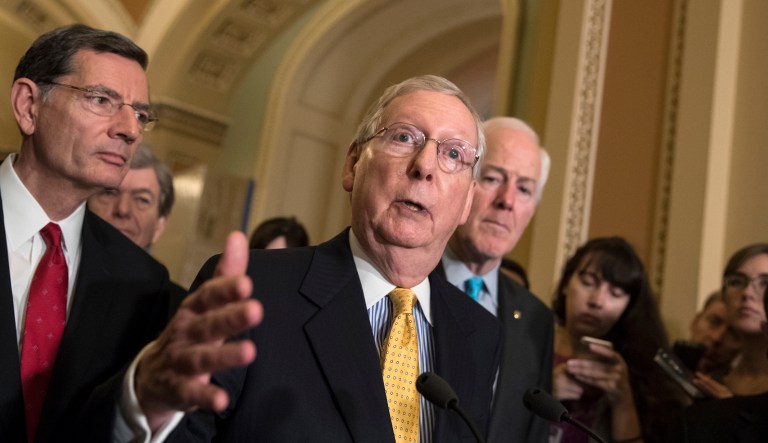 Senate Republicans met in overlapping dual meetings in rooms near the Senate chamber, where they discussed details of a draft written last week by top GOP aides on the Senate Budget Committee. (AP Photo/J. Scott Applewhite)