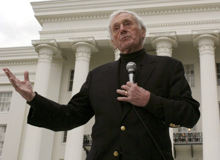 FILE - In this Saturday, Jan. 27, 2007 file photo, John Seigenthaler speaks on the steps of the Alabama State Capitol in Montgomery, Ala. about conversations with former Alabama Gov. John Patterson about protecting the Freedom Riders during the Civil Rights Movement. Seigenthaler, the journalist who edited The Tennessean newspaper, helped shape USA Today and worked for civil rights during the Kennedy administration, died Friday, July 11, 2014. He was 86. (AP Photo/Jamie Martin)