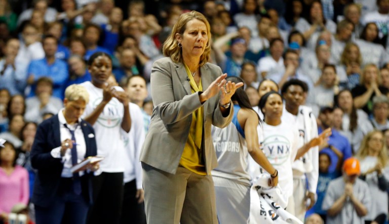 Minnesota Lynx head coach Cheryl Reeve applauds here team in the first half during Game 5 of the WNBA Finals against the Los Angeles Sparks Wednesday, Oct. 4, 2017, in Minneapolis.