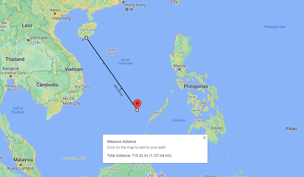 Second Thomas Shoal distance to Hainan Island