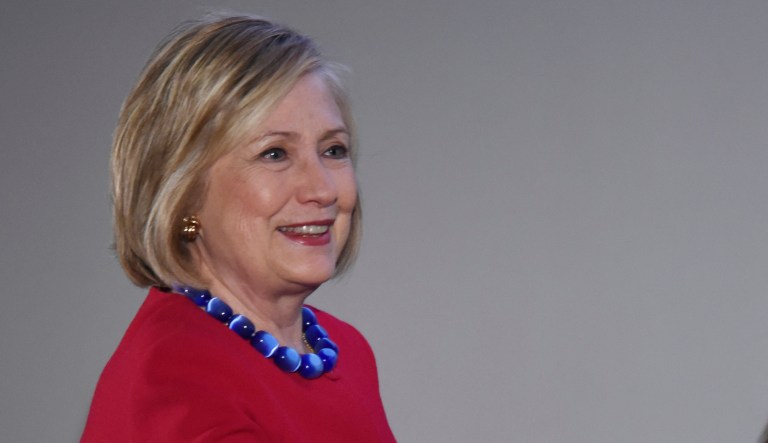 Former Secretary of State Hillary Clinton takes the stage following her introduction during the Trailblazing Women of Park Ridge event in Park Ridge, Ill., Friday, Oct. 11, 2019.