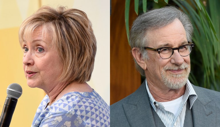 Hillary Clinton is pictured on the left; Steven Spielberg is pictured on the right.