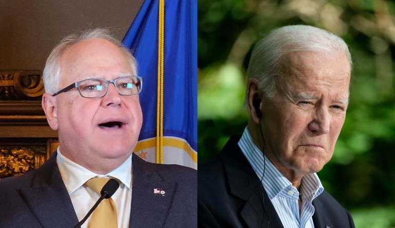 Minnesota Gov. Tim Walz (D), left, and President Joe Biden, right.
