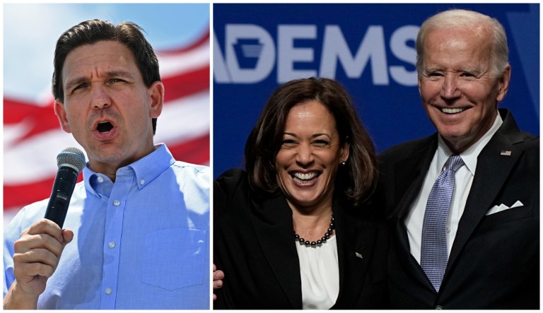 Gov. Ron DeSantis (R-FL), Vice President Kamala Harris, and President Joe Biden