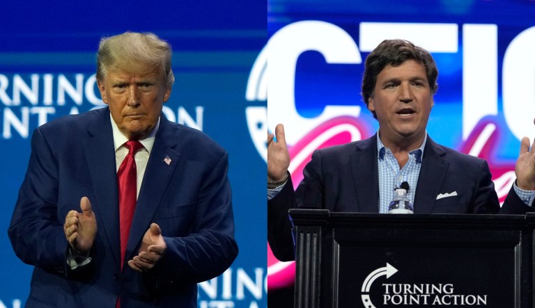 Former President Donald Trump, left, and former Fox News anchor Tucker Carlson, right.