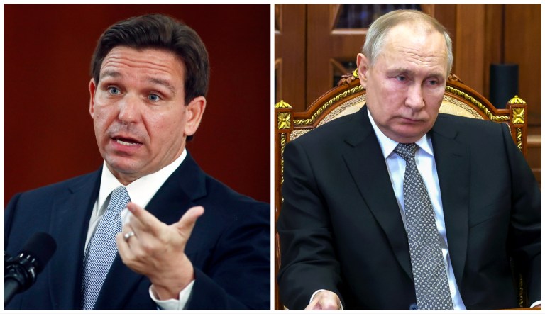 Florida Gov. Ron DeSantis and Russian President Vladimir Putin. DeSantis decried Putin as a 
