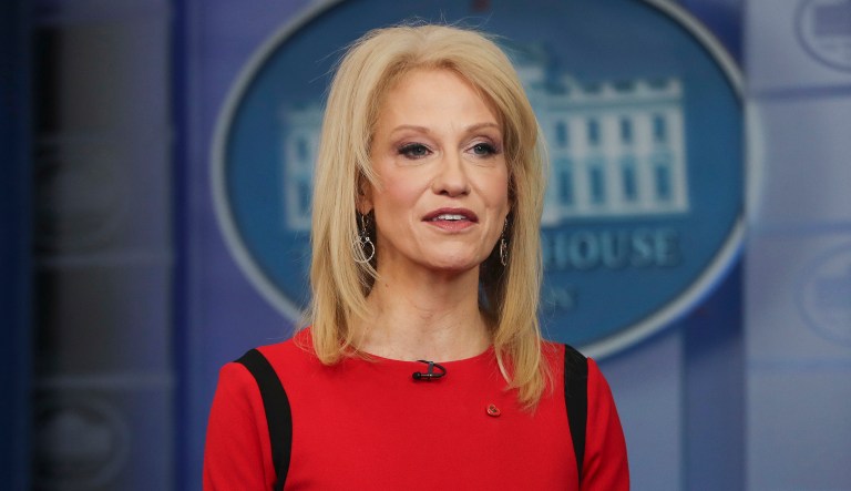 Counselor to the President Kellyanne Conway speaks during her interview with CNN in the White House Press Brady Press Briefing Room, Friday, March 23, 2018 in Washington.