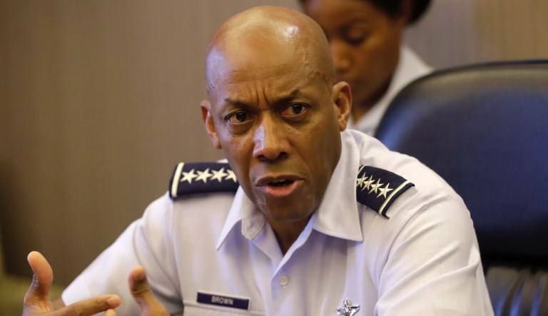 Gen. Charles Q. Brown, Jr., commander of the U.S. Pacific Air Force talks to a select group of journalists during the course of his visit to the Philippines Thursday, May 16, 2019, in suburban Pasay city south of Manila, Philippines. 