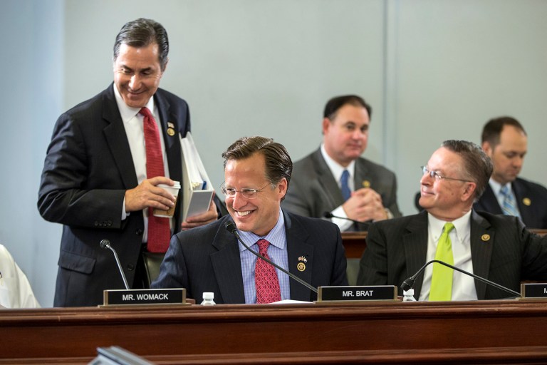 The House Freedom Caucus will not vote in favor of the House Republican leadership plan to replace the Affordable Care Act. Seen here are members of the House Freedom Caucus, in front from left, Rep. Gary Palmer, R-Ala., Rep. Dave Brat R-Va., Rep. Rod Blum R-Iowa, and rear from center left, Rep. Alex Mooney, R-W.Va., and Rep. Marlin Stutzman, R-Ind. (AP Photo/J. Scott Applewhite)