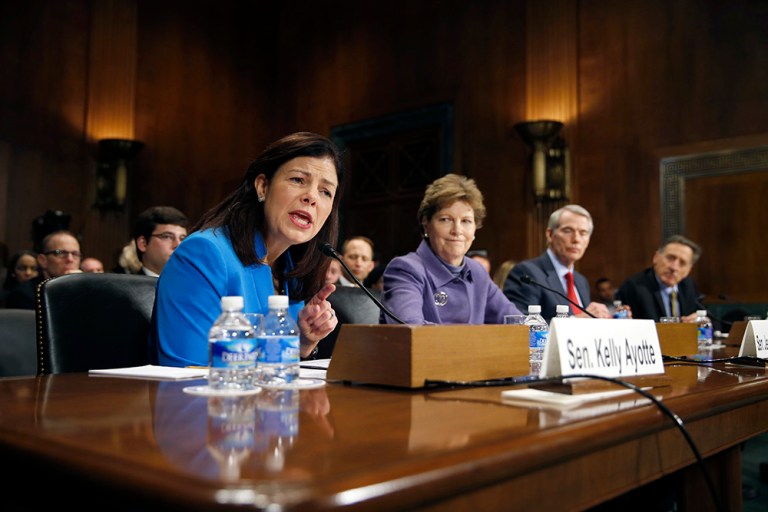 Sen. Kelly Ayotte, D-N.H., left, speaks as Sen. Jeanne Shaheen, D-N.H., Sen. Rob Portman, R-Ohio, and Gov. Peter Shumlin, D-Vt., listen during a Senate Judiciary Committee hearing on attacking America's epidemic of heroin and prescription drug abuse. (AP Photo/Alex Brandon)