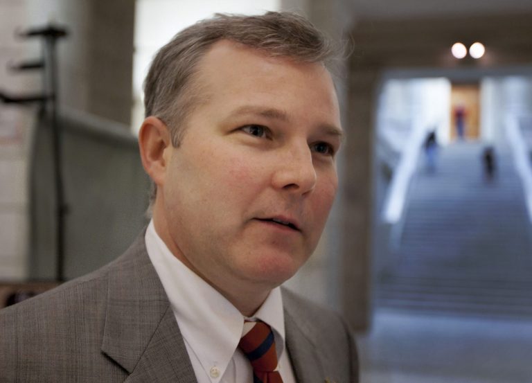 FILE - In this Feb. 24, 2012 file photo, U.S. Rep. Tim Griffin, R-Ark., is interviewed at the Arkansas state Capitol in Little Rock, Ark. In an unexpected announcement Monday, Oct. 21, 2013, Griffin said he won't run for a third term representing central Arkansas in the U.S. House of Representatives. (AP Photo/Danny Johnston, File)