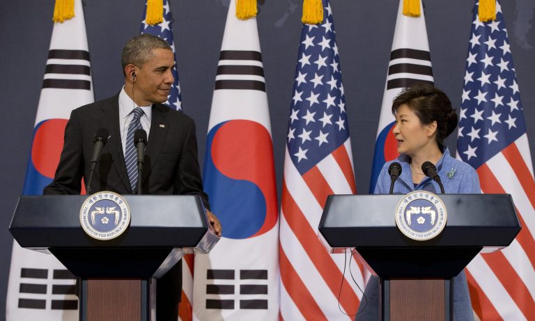 In this April 25, 2014 file photo, U.S. President Barack Obama, left, and South Korean President Park Geun-hye participate in a joint news conference at the Blue House, in Seoul, South Korea. (AP Photo/Carolyn Kaster, File)