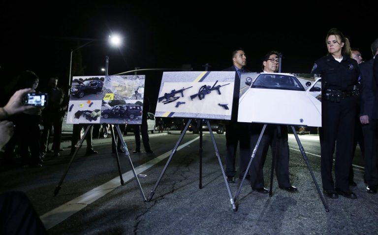Tashfeen Malik and her husband, Syed Rizwan Farook, were killed in a shootout with police after an attack at an office party that left 14 people dead and 21 wounded. The duo were dressed for battle and carrying assault rifles and handguns. (AP Photo/Chris Carlson)
