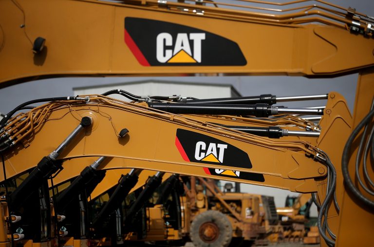 The CAT logo is displayed on Caterpillar construction equipment at Peterson Tractor on October 23, 2014 in San Leandro, Calif. (Photo by Justin Sullivan/Getty Images)