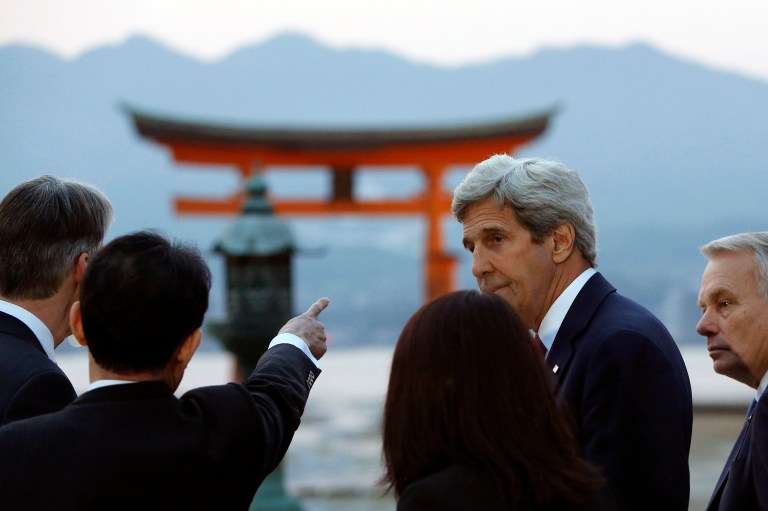 U.S. Secretary of State John Kerry visits the Itsukushima Shrine during a cultural break from their G7 foreign ministers meetings in nearby Hiroshima. (Jonathan Ernst/Pool Photo via AP)