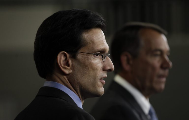 FILE - In this Thursday, Jan. 6, 2011, file photo, House Speaker John Boehner of Ohio and Republican Majority Leader Eric Cantor of Va. speak about repealing President Barack Obama's health care law at a news conference on Capitol Hill in Washington. At a recent closed-door House Republican caucus meeting, several conservatives pressed GOP leaders over the pledge Majority Leader Eric Cantor made in January that House Republicans would rally around an alternative to Obamacare and pass it this year. (AP Photo/Charles Dharapak, File)