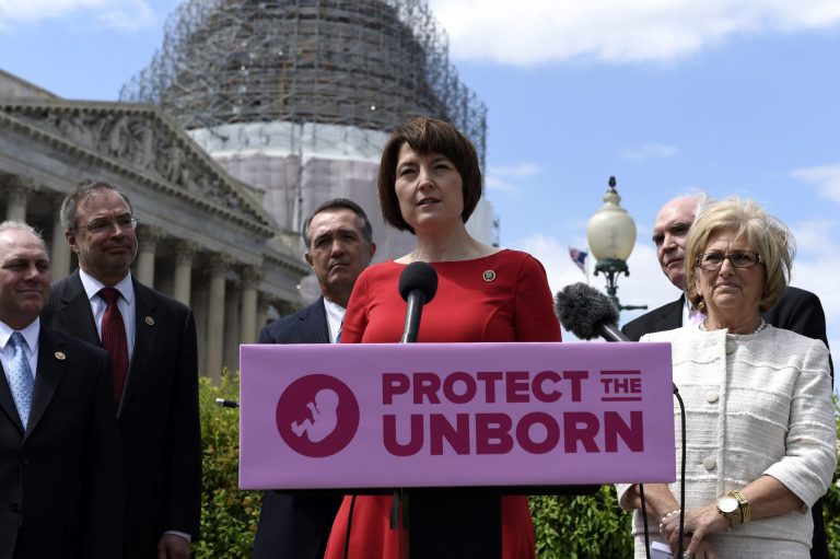 Rep. Cathy McMorris Rodgers, R., Wash., center, speaks during a news conference on the Pain-Capable Unborn Child Protection Act on Capitol Hill in Washington, Wednesday, May 13, 2015. Also in attendance: Rep. Diane Black, R-Tenn., right, and other Republicans. (AP Photo/Susan Walsh)