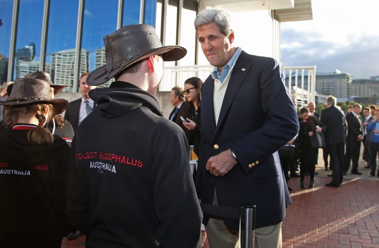U.S. Secretary of State John Kerry right, chats with school children while visiting the National Maritime Museum in Sydney, Monday, Aug. 11, 2014. Kerry and US Secretary of Defense Chuck Hagel are in Sydney for the annual Australia-United States Ministerial (AUSMIN) talks. (AP Photo/Rick Rycroft)