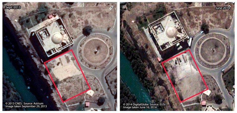 This combination of satellite images made on Sept. 29, 2013 by CNES, left, and on June 16, 2014 by DigitalGlobe, and annotated by Human Rights Watch, shows the Salahuddin palace at the presidential palace compound in Tikrit, Iraq, 80 miles (130 kilometers) north of Baghdad. Human Rights Watch, a leading international watchdog, says the darker area within the open field marked by the red rectangle in the photo at right indicates blood stains from a mass killing at the palace. The group said Wednesday, Sept. 3, 2014, that new evidence, including these satellite images, indicates the Islamic State fighters killed far more men after they captured the city of Tikrit than what was initially reported. (AP Photo/Human Rights Watch, CNES and DigitalGlobe)