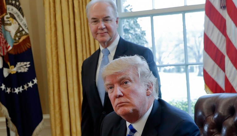 President Trump spent two hours on Friday chastising HHS Secretary Tom Price in the Oval Office for his use of private and military aircraft the past few months. (AP Photo/Pablo Martinez Monsivais, File)