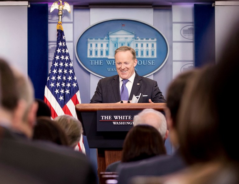 Spicer broadly defended the reliability of Trump's claims. (AP Photo/Andrew Harnik)