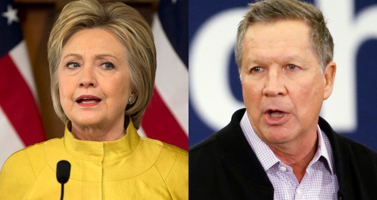 A hypothetical matchup between Clinton and Kasich shows the Ohio governor with a 6-point advantage. (AP Photos)