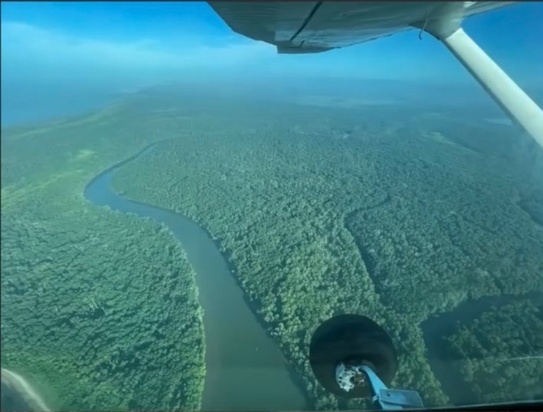 View of Darien Gap from photojournalist Michael Yon's plane. The river bisects the jungle.