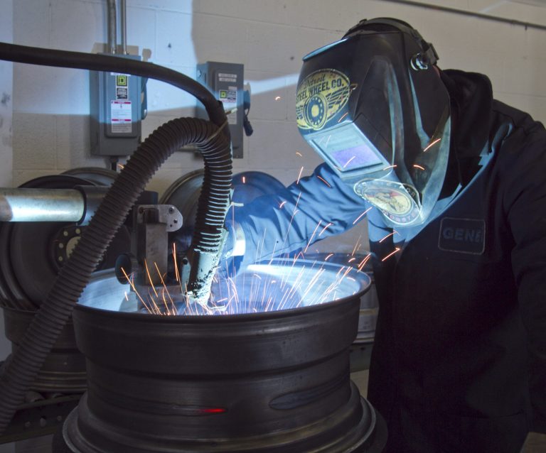 Mobsteel partner Steve Ryan does welding work at Detroit Steel Wheel, a company that produces the automobile components.
