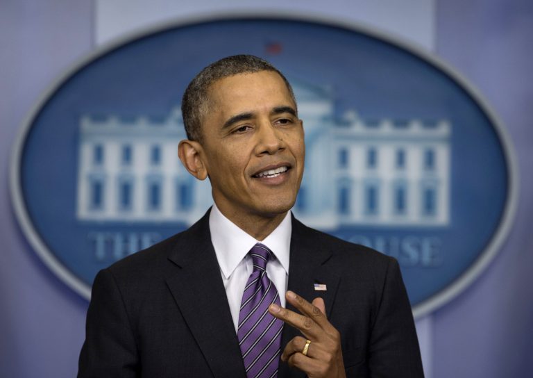 President Barack Obama speaks about health care, Thursday, April 17, 2014, in the briefing room of the White House in Washington. The president said eight million have signed up for health insurance under Affordable Care Act. (AP Photo/Carolyn Kaster)