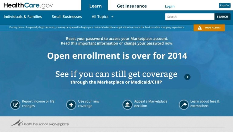 The homepage of healthcare.gov tells users to change their passwords.
