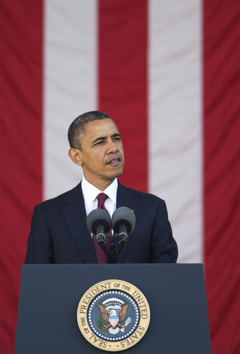 President Barack Obama speaks at the annual Veterans Day commemoration at Arlington National Cemetery in Arlington, Va., Sunday, Nov. 11, 2012. (AP Photo/Manuel Balce Ceneta)