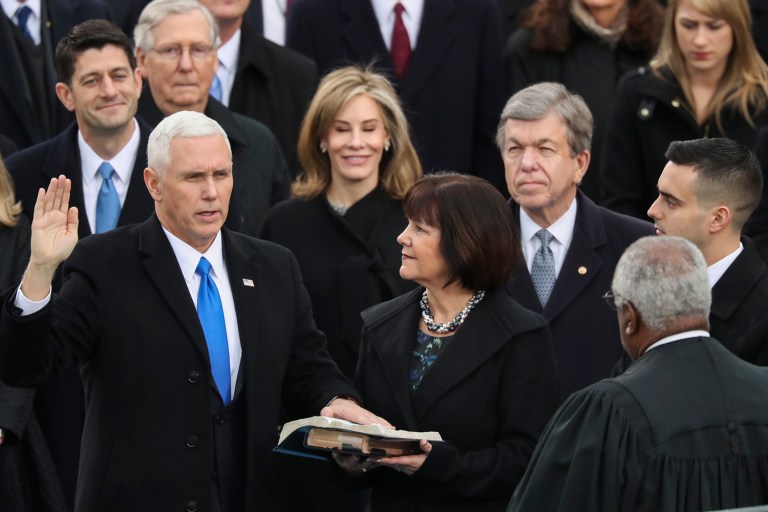 Former Indiana Gov. Mike Pence was sworn in Friday as vice president. (AP Photo/Andrew Harnik)