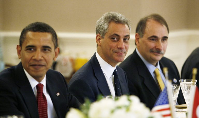 Former White House Chief of Staff (now Chicago Mayor) Rahm Emanuel, center, is seated between President Barack Obama, left, and senior adviser David Axelrod as the U.S. delegation meets with Turkey's President Abdullah Gul and his delegation in Ankara, Turkey in 2009. (AP Photo/Charles Dharapak)