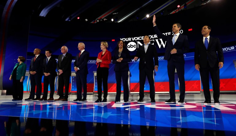 From left, Democratic presidential candidates Sen. Amy Klobuchar, D-Minn., Sen. Cory Booker, D-N.J., South Bend Mayor Pete Buttigieg, Sen. Bernie Sanders, I-Vt., former Vice President Joe Biden, Sen. Elizabeth Warren, D-Mass., Sen. Kamala Harris, D-Calif., entrepreneur Andrew Yang, former Texas Rep. Beto O'Rourke and former Housing Secretary Julian Castro are introduced for the Democratic presidential primary debate hosted by ABC on the campus of Texas Southern University Thursday, Sept. 12, 2019, in Houston. 