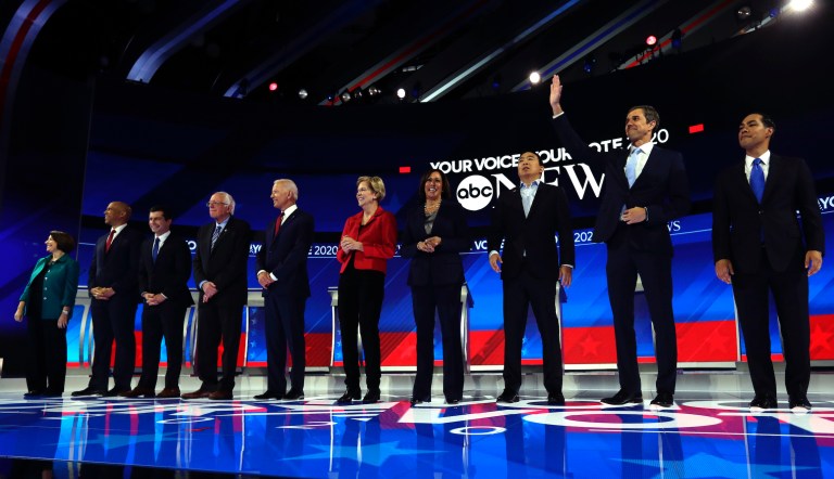 From left, Democratic presidential candidates Sen. Amy Klobuchar, D-Minn., Sen. Cory Booker, D-N.J., South Bend Mayor Pete Buttigieg, Sen. Bernie Sanders, I-Vt., former Vice President Joe Biden, Sen. Elizabeth Warren, D-Mass., Sen. Kamala Harris, D-Calif., entrepreneur Andrew Yang, former Texas Rep. Beto O'Rourke and former Housing Secretary Julian Castro are introduced for the Democratic presidential primary debate hosted by ABC on the campus of Texas Southern University Thursday, Sept. 12, 2019, in Houston. 