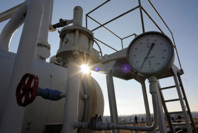 The gas pressure gauge of a gas pipeline is seen in a gas storage and transit point in Boyarka, just outside Kiev, Ukraine, in February 2008. (AP Photo/Sergei Chuzavkov)