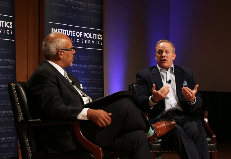 Mo Elleithee, founding executive director of Georgetown Universityâs Institute of Politics and Public Service, talking media and politics with former White House spokesman Sean Spicer.