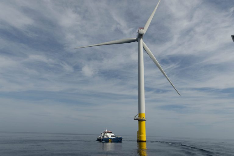 One of two Siemens Gamesa turbines at Dominion Energy's wind pilot in the Atlantic