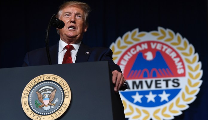 President Donald Trump speak at the American Veterans (AMVETS) 75th National Convention in Louisville, Ky., Wednesday, Aug. 21, 2019. 