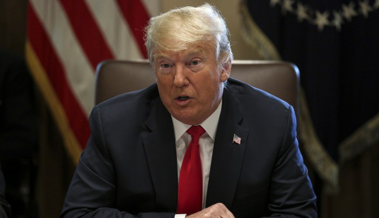 U.S. President Donald Trump speaks during a meeting in the Cabinet Room of the White House in Washington, D.C., U.S., on Thursday, Aug. 16, 2018. TrumpÂ prodded China to offer more at the bargaining table as the two countries prepared for their first major negotiation in more than two months in an effort to head off an all-out trade war.