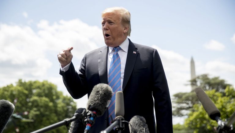 FILE - In this Tuesday, May 14, 2019, file photo, President Donald Trump speaks to members of the media on the South Lawn of the White House in Washington. The White House has launched an online survey asking people to share their experiences if they think political bias has led to their posts being removed from social media sites like Facebook and Twitter. The White Houseâs official Twitter account tweeted a link to the survey, saying that "The Trump Administration is fighting for free speech online."