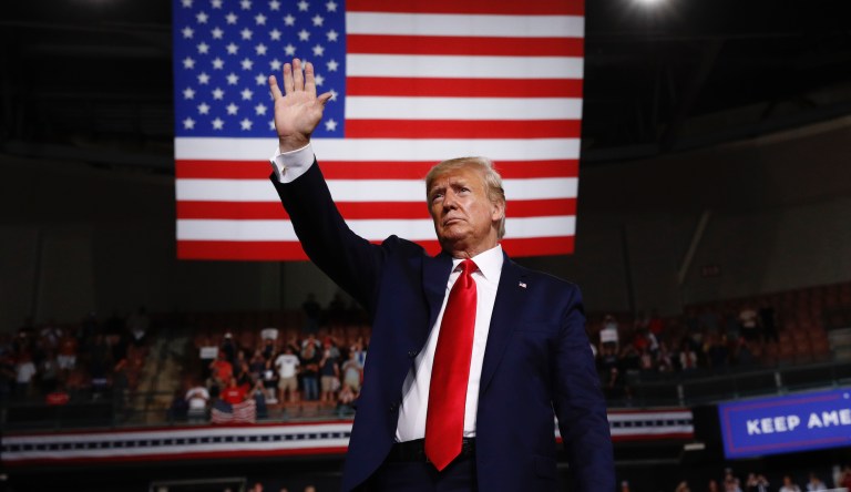 President Donald Trump reacts at the end of his speech at a campaign rally, Thursday, Aug. 15, 2019, in Manchester, N.H. 