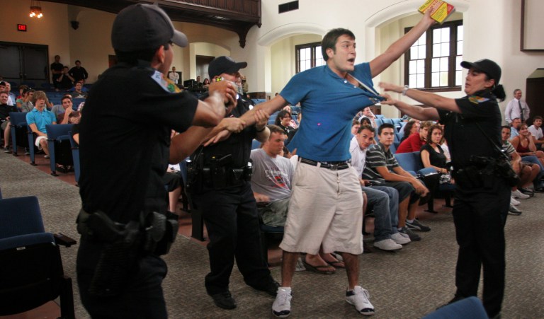 University of Florida student Andrew Meyer is removed from a forum where Sen. John Kerrey was speaking in Gainesville, Fla., Monday Sept. 17, 2007. Meyer attempted to speak at the forum after the question and answer session had ended, university officials said. 