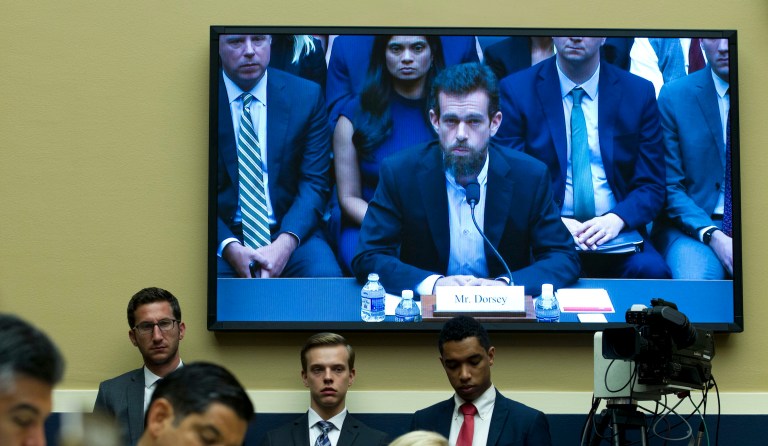 In this Wednesday, Oct. 28, 2020, file photo, Twitter CEO Jack Dorsey appears on a screen as he speaks remotely during a hearing before the Senate Commerce Committee on Capitol Hill, in Washington. Dorsey broke his silence to defend his companyâs ban of President Donald Trump as the right decision, but warned that it could set a dangerous precedent. The ban, he said, revealed Twitterâs âfailureâ to create an open and healthy space for what Dorsey calls the âglobal public conversation.