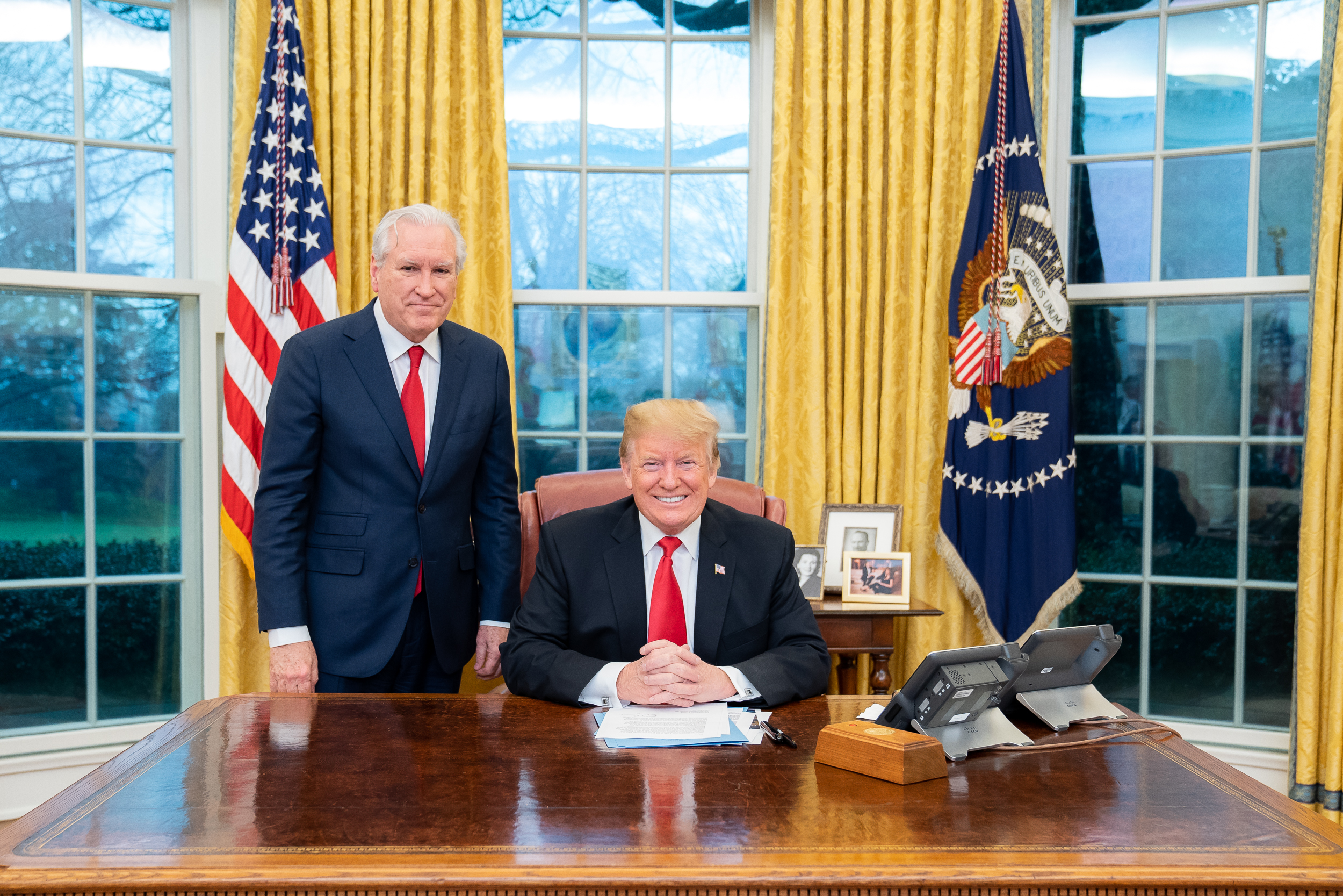 President Trump (seated) meets with Doug Wead in the Oval Office of the White House. Wead provided the photo to Secrets.
