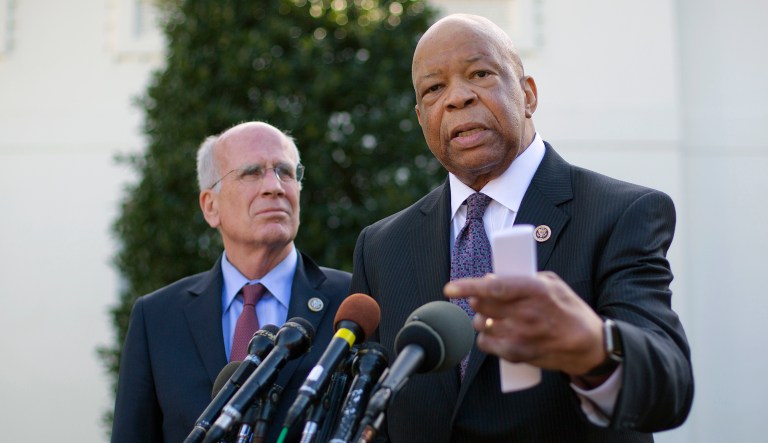 Rep. Elijah Cummings, D-Md., accompanied by Rep. Peter Welch, D-Vt., speaks to members of the media outside the West Wing of the White House in Washington, Wednesday, March 8, 2107, following their meeting with President Donald Trump. (AP Photo/Pablo Martinez Monsivais)